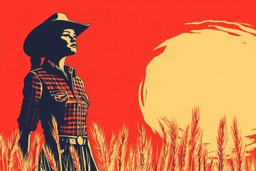 background image of a cowboy woman, western illustration style, western.  