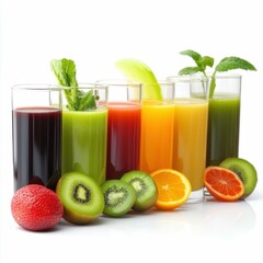 Assorted Fresh Fruit Juices in Glasses on White Background