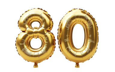 80, number eighty font in golden balloon isolated on white or transparent background 