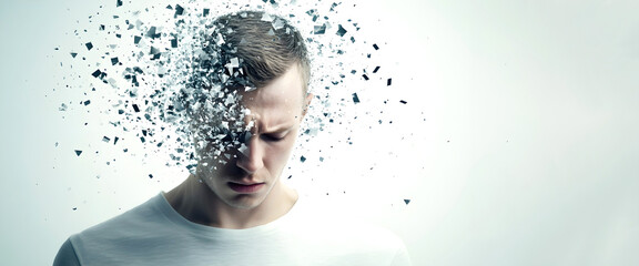 Abstract image of a man with his head disintegrating into particles, symbolizing mental stress or fragmentation, set against a light background with a serious expression and short hair