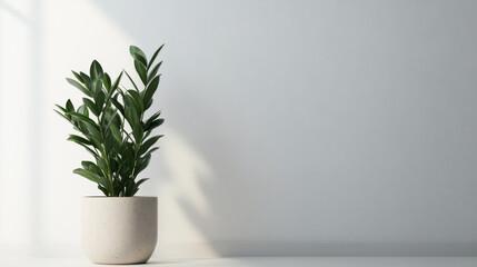 Fototapeta premium A ZZ plant in a pot sits against a plain white backdrop. This simple design creates a modern and stylish look for your home.