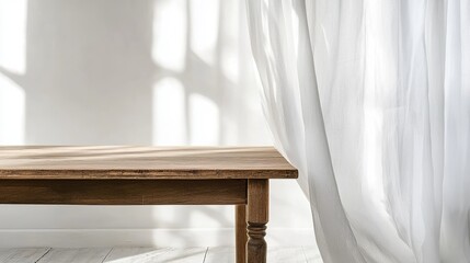 A simple, clean photo for your ad. It shows a wooden table against a white curtain. There's plenty of room to add your product and text.