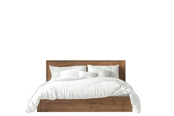 double bed for my bedroom, featuring a wooden bed with white linen and soft fluffy pillows, isolated white background