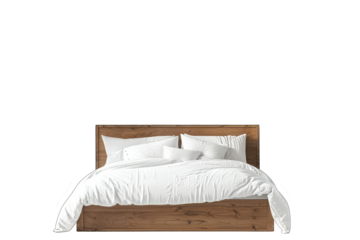 double bed for my bedroom, featuring a wooden bed with white linen and soft fluffy pillows, isolated white background