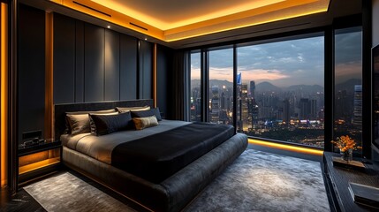 A sleek, modern bedroom with a stunning city view. Black terrazzo floors and a hidden light feature add a touch of luxury. The room is furnished with a comfortable black fabric bed.