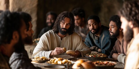 Jesus at the last supper offering bread and wine to his disciples
