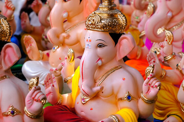 07 September 2024, Newly made idols of the God known as Ganesha or Ganapati for sale at a shop on the eve of Ganesh festival in Pune, India.