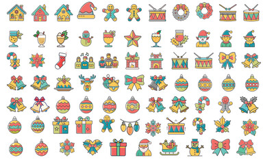 Christmas icon set, flat style illustrations, colorful, ideal for holiday décor and web design.  Christmas, New Year holidays big set icon. Flat style collection. 