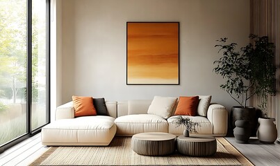  Japandi, scandinavain interior design of modern living room. 