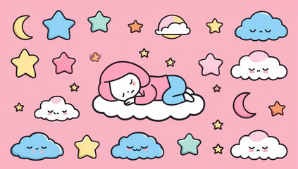 Little cartoon baby sleeping on a cloud, flat design illustration