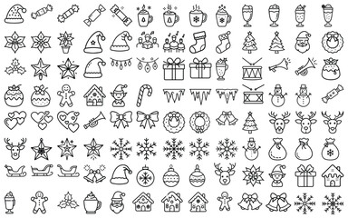 Christmas icons set vector illustration black and white, festive symbols, perfect for holiday designs.  Christmas, New Year holidays big set icon. Line style collection. 