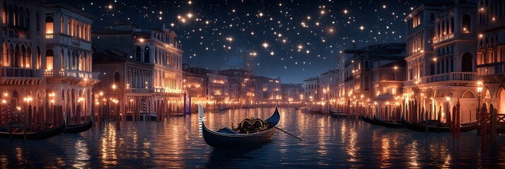 Gondola under a starry night. A serene night scene in Venice with a gondola gliding through illuminated canals under a breathtaking starry sky, capturing the essence of romance and tranquility.