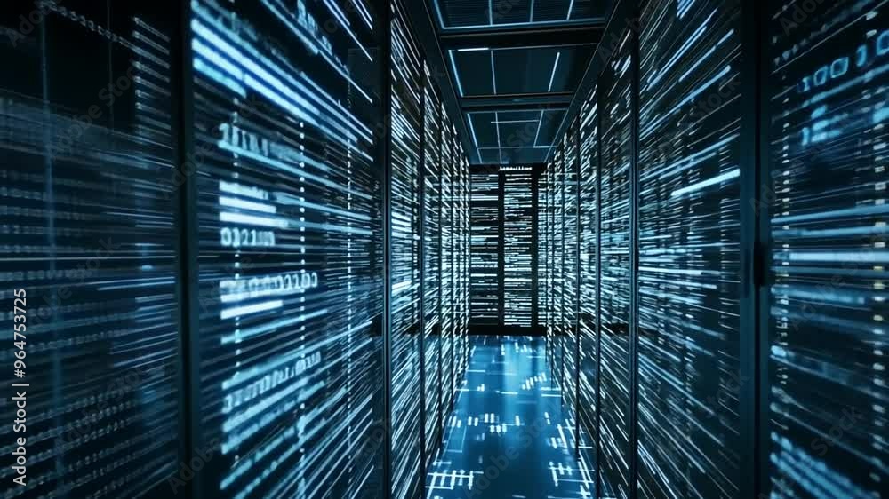 Poster data center corridor with glowing servers and digital flow patterns generative ai
