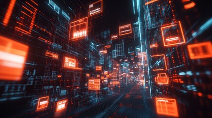 Futuristic digital landscape featuring glowing red data blocks and interconnected networks, representing technology and innovation.
