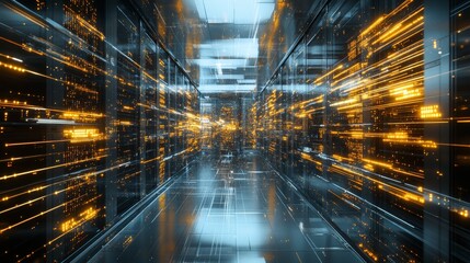 Digital Data Flow Through Server Room, Futuristic Server Rack, Digital Network ,data center, server, digital