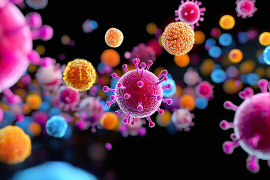 a microscopic view of virus particles in vivid colors against a black background, creating an abstract pattern