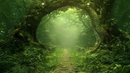 Obraz premium Enchanted Forest Path Digital Painting of a mysterious, verdant pathway through a dense, glowing forest, nature, fantasy, mystery