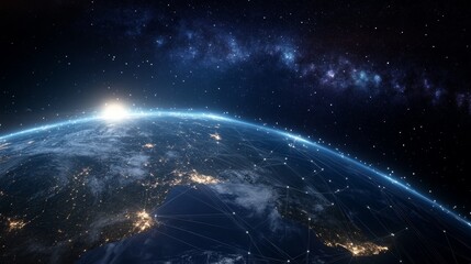 Fototapeta premium Earth's Digital Network A Cosmic Perspective, 3D Render, Global Connectivity, Night Sky, Network, Technology