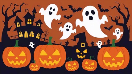 Fototapeta premium Scary Halloween with pumpkins, ghosts, bats and witches. Halloween poster.
