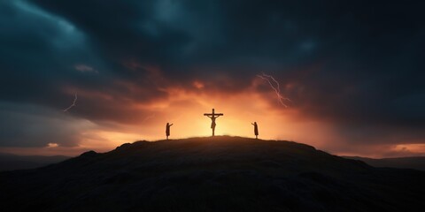 Jesus on the cross at Golgotha, with two criminals crucified on either side. The sky is dark and foreboding.