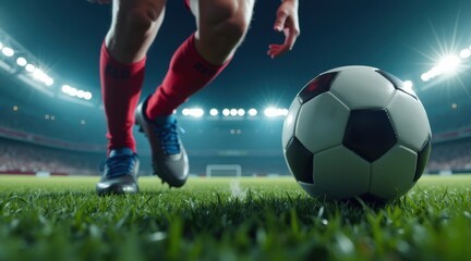 Un footballeur s'élance à travers un terrain humide, dribblant avec maîtrise sous la lumière des projecteurs, la pluie formant un rideau scintillant autour de lui dans le stade nocturne.