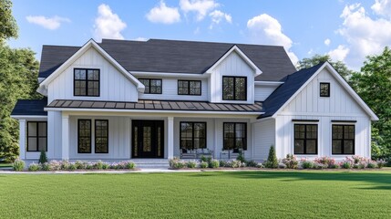 Front Yard View of a Modern Farmhouse with White Siding, Black Windows, and a Black Door, 3D Rendering, Modern Farmhouse, Farmhouse Design, Home Architecture