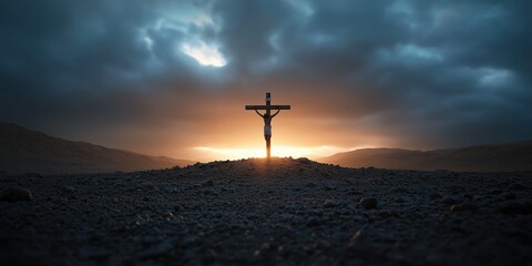 Jesus on the cross at Golgotha. The sky is dark and foreboding.