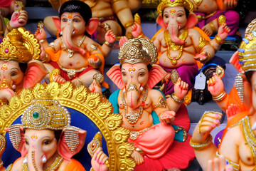 07 September 2024, Newly made idols of the God known as Ganesha or Ganapati for sale at a shop on the eve of Ganesh festival in Pune, India.