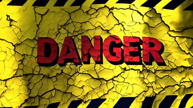 the word "danger" in warning style, written in bold red and black with a caution tape pattern and a cracked 