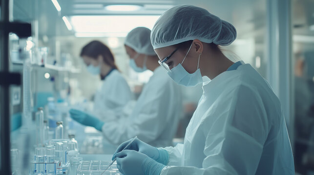 female woman medical professional plastic gloves face mask testing samples science lab