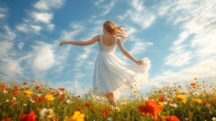 Fototapeta premium Woman in White Sundress: A woman in a white sundress twirling in a field of flowers, with a bright blue sky above. 