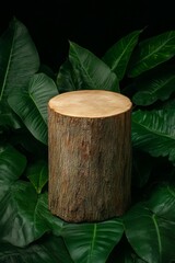  An empty stump podium, deep jungle, huge plant's leaves, low key lighting, high quality textures, natural and earthy feel, dark and mysterious atmosphere 