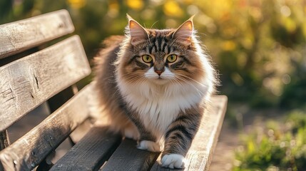 A stunning Siberian cat enjoys the summer outdoors. It walks gracefully in a country yard and relaxes on a wooden bench.