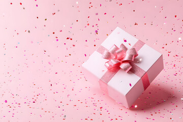 Fototapeta premium Gift box with confetti on pastel pink background. 3d rendering