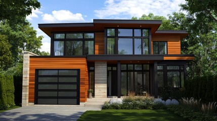 Fototapeta premium Modern Minimalist Home with Wood Siding and Large Windows, Exterior Design, Contemporary Architecture, Residential, Modern Home, Architecture