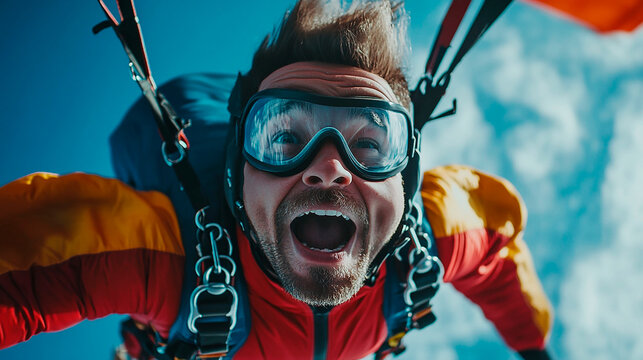 Male skydiver flying with parachute in the sky, extreme sport