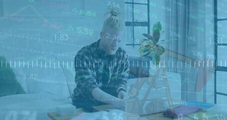 Animation of data processing over albino african american man using laptop - Powered by Adobe