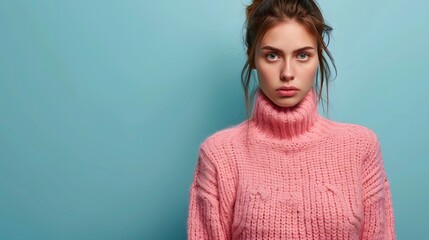 A young woman with an angry expression, wearing a pink sweater against a blue background.