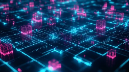 Fototapeta premium Neon Cityscape Futuristic Abstract with Blue and Pink Glowing Cubes, 3D Rendering, Technology, Cyberpunk, Digital Art