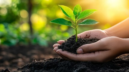 Nurturing New Life A Close-Up of a Small Plant Held in Hands, Sunlight, Nature, Growth, Hands, Plant, Soil