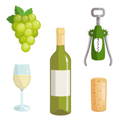 Vector wine icon set, illustration of white wine items, beverage menu bar design, sticker pack with glass, bottle, cork, corkscrew and white grape