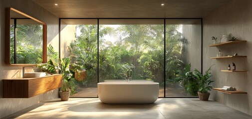 Fototapeta premium Tropical Bathroom Retreat Freestanding Tub Bathed in Sunlight Lush Greenery Beyond Large Window Minimalist Design with Wooden Accents