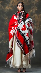 The model elegantly showcases traditional Canadian attire honoring cultural heritage