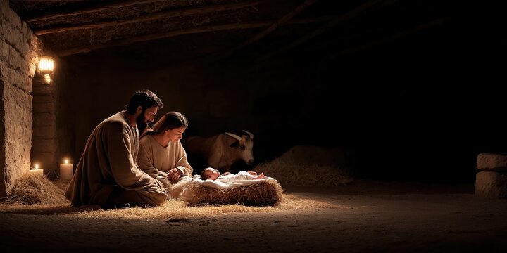 Mary is seated beside the manger with Joseph standing beside her. Baby Jesus lies peacefully in the manger, swaddled in cloth. 
