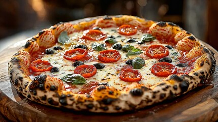 CloseUp of a Perfectly Charred Pizza with Cherry Tomatoes and Olives on a Rustic Wooden Board