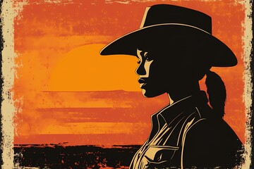 background image of a cowboy woman, western illustration style, western.  