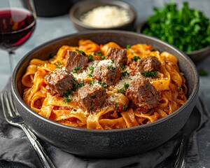 Closeup of hearty pasta with beef cubes red sauce and parmesan cheese in a rustic bowl