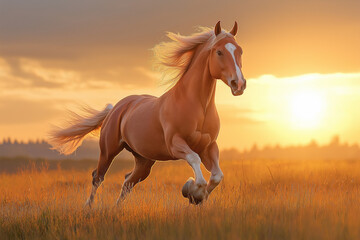 a beautiful light brown horse runs galloping across the meadow at sunset, wallpaper, genetative AI