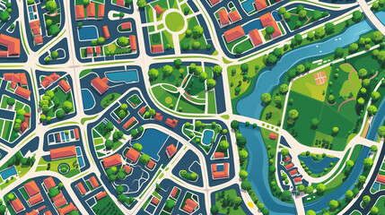 Aerial view of a vibrant community layout featuring parks, residences, and winding waterways in a suburban area during daylight