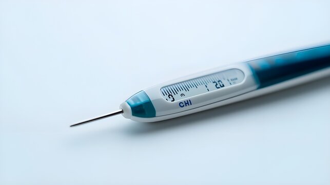 A clean, close-up photo of a medical thermometer, focusing on its sleek digital display and streamlined design.